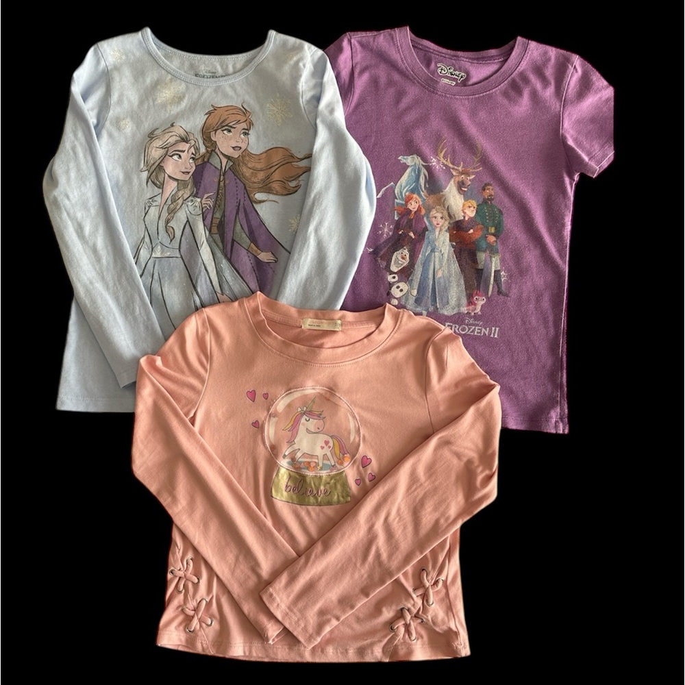 2 Disney Frozen Kids Shirts and 1 Unicorn Shirt